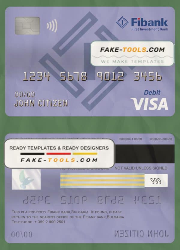 Bulgaria Fibank bank visa card debit card template in PSD format, fully editable