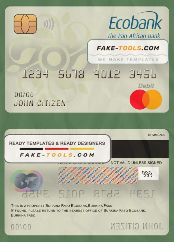 Burkina Faso Ecobank bank mastercard debit card template in PSD format, fully editable