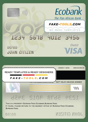 Burkina Faso Ecobank bank visa card debit card template in PSD format, fully editable