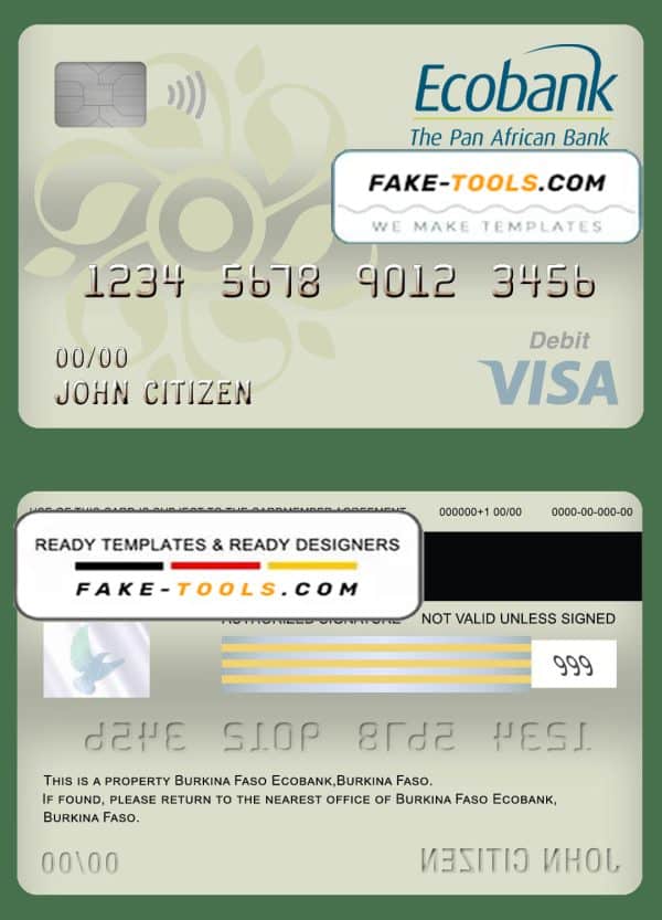 Burkina Faso Ecobank bank visa card debit card template in PSD format, fully editable