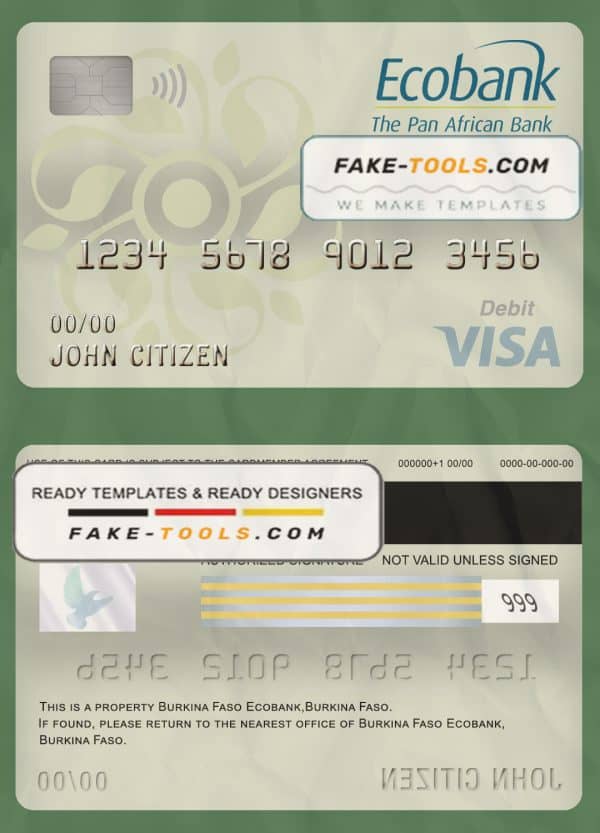 Burkina Faso Ecobank bank visa card debit card template in PSD format, fully editable