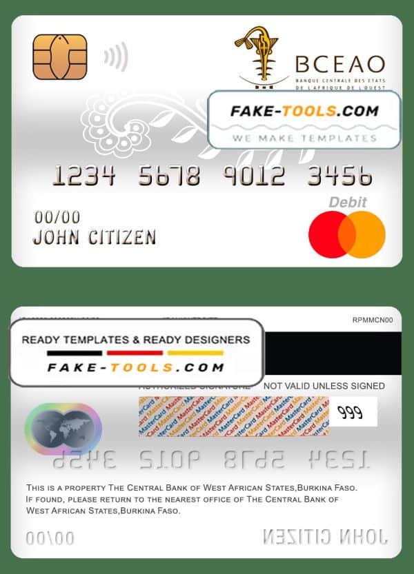Burkina Faso The Central Bank of West African States bank mastercard debit card template in PSD format, fully editable