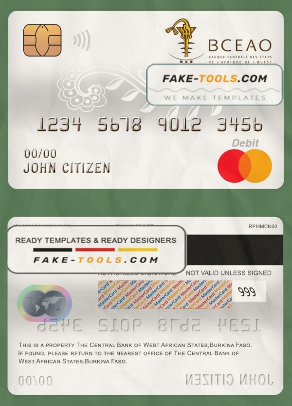 Burkina Faso The Central Bank of West African States bank mastercard debit card template in PSD format, fully editable