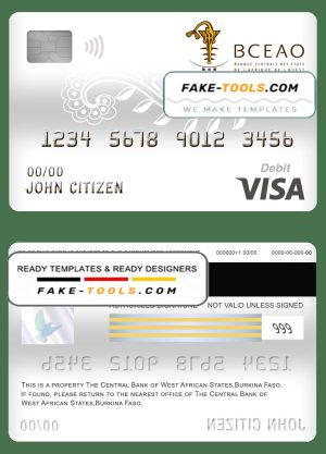 Burkina Faso The Central Bank of West African States bank visa card debit card template in PSD format, fully editable