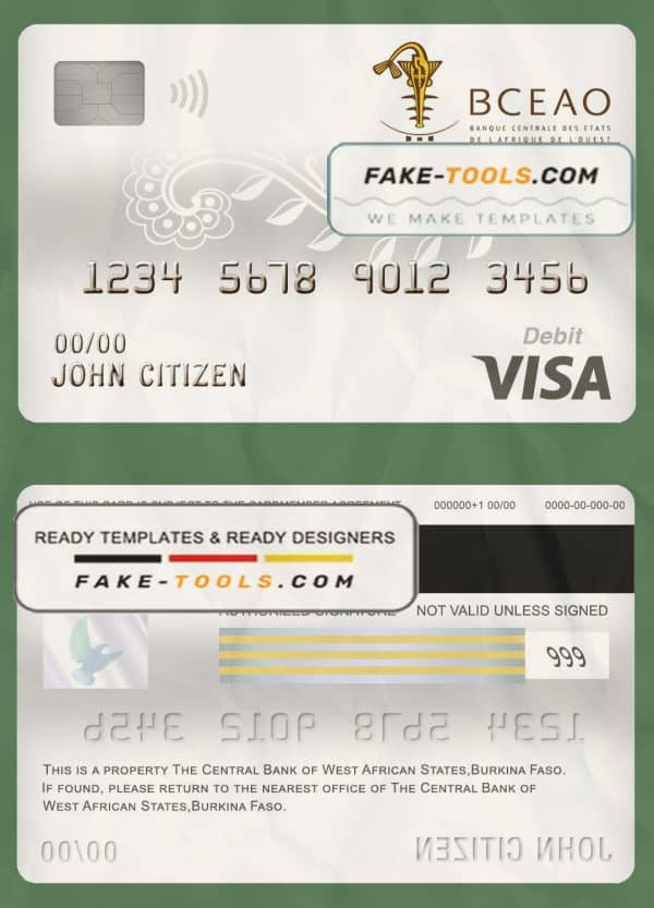 Burkina Faso The Central Bank of West African States bank visa card debit card template in PSD format, fully editable