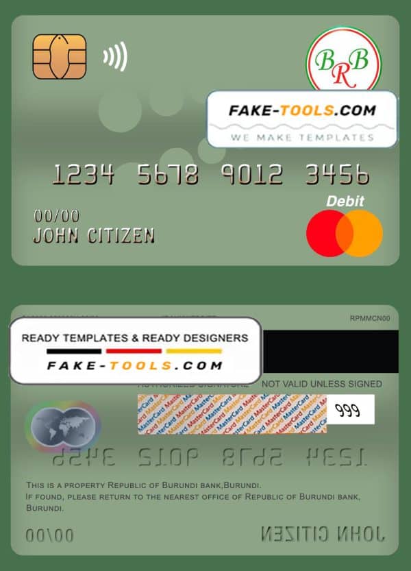 Burundi Bank of the Republic of Burundi mastercard debit card template in PSD format, fully editable