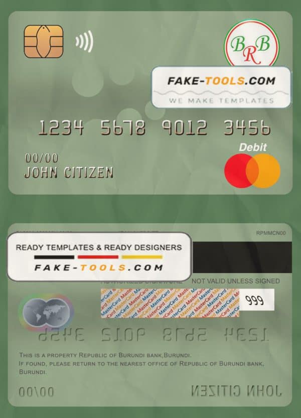 Burundi Bank of the Republic of Burundi mastercard debit card template in PSD format, fully editable