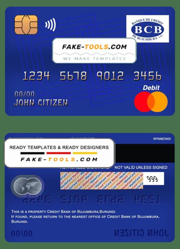 Burundi Credit Bank of Bujumbura bank mastercard debit card template in PSD format, fully editable