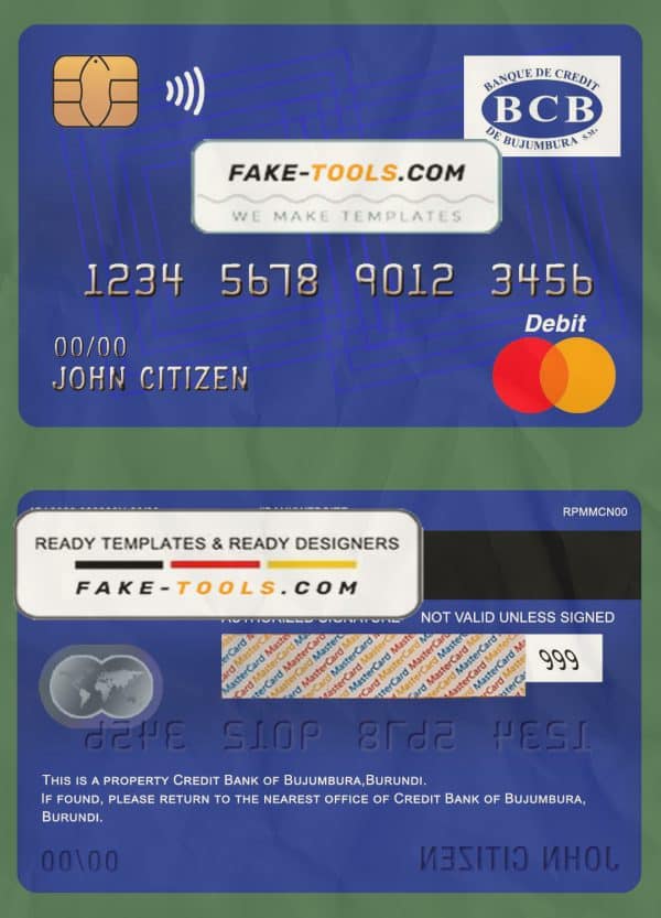 Burundi Credit Bank of Bujumbura bank mastercard debit card template in PSD format, fully editable