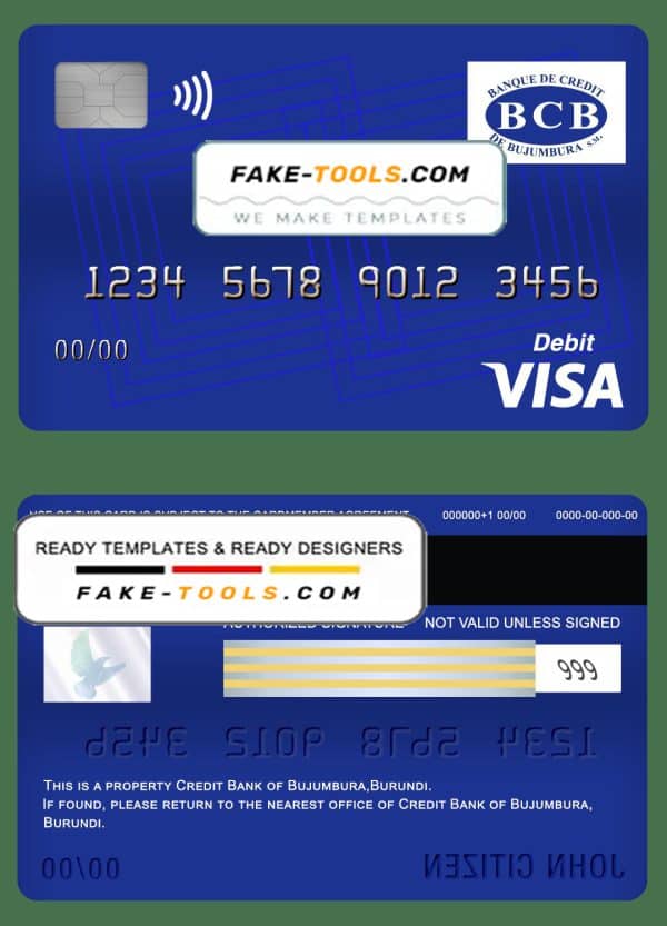 Burundi Credit Bank of Bujumbura bank visa card debit card template in PSD format, fully editable