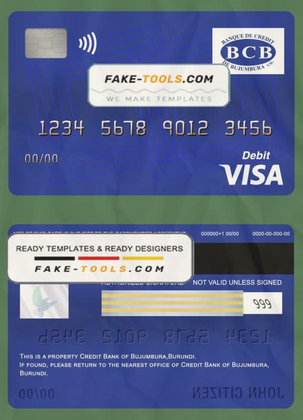 Burundi Credit Bank of Bujumbura bank visa card debit card template in PSD format, fully editable