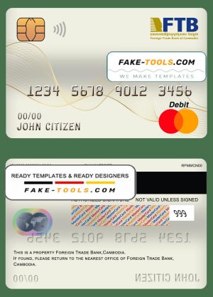 Cambodia Foreign Trade Bank of Cambodia bank mastercard debit card template in PSD format, fully editable