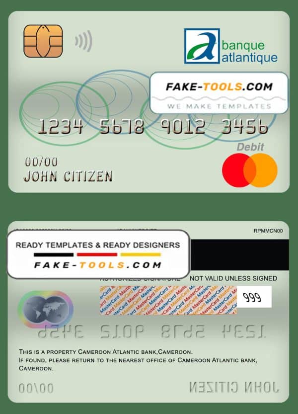 Cameroon Atlantic bank mastercard debit card template in PSD format, fully editable