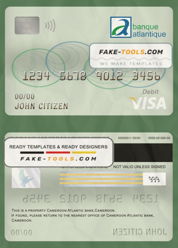 Cameroon Atlantic bank visa card debit card template in PSD format, fully editable