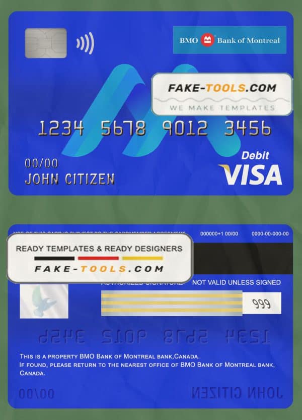 Canada BMO Bank of Montreal bank visa card debit card template in PSD format, fully editable