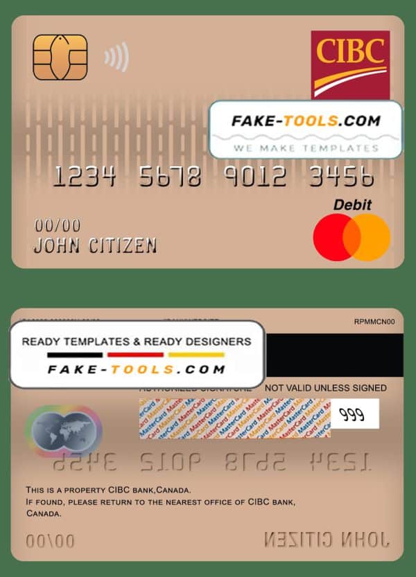 Canada CIBC bank mastercard debit card template in PSD format, fully editable