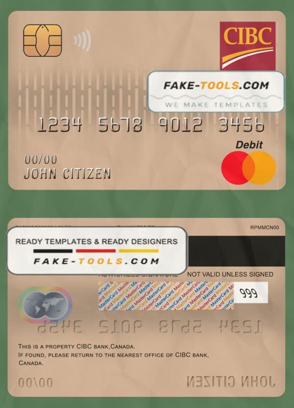 Canada CIBC bank mastercard debit card template in PSD format, fully editable