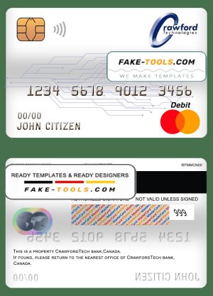 Canada CrawfordTech bank mastercard debit card template in PSD format, fully editable