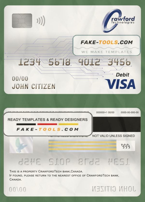 Canada CrawfordTech bank visa card debit card template in PSD format, fully editable
