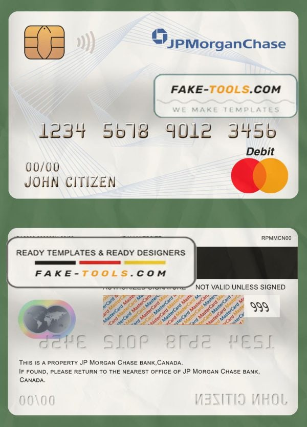 Canada JP Morgan Chase bank mastercard debit card template in PSD format, fully editable