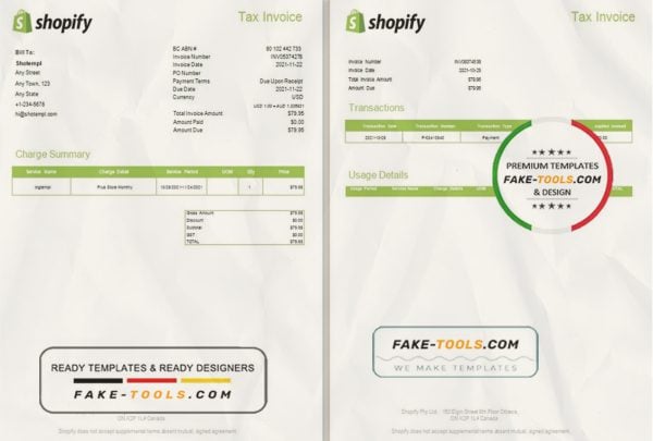 Canada Shopify tax invoice template in Word and PDF format, fully editable