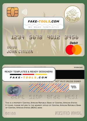 Central African Republic Bank of Central African States (BEAC) bank mastercard debit card template in PSD format, fully editable