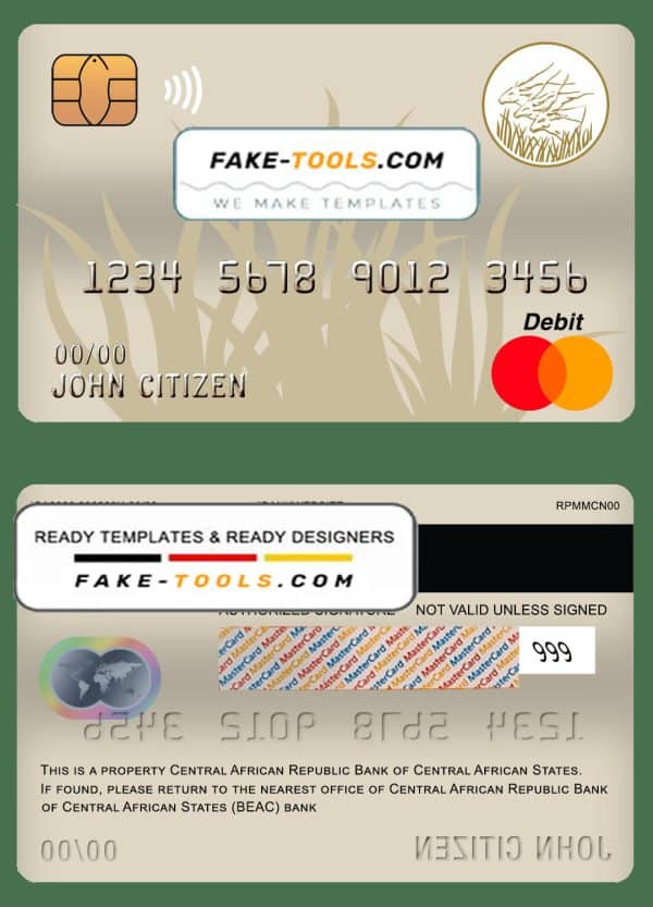 Central African Republic Bank of Central African States (BEAC) bank mastercard debit card template in PSD format, fully editable
