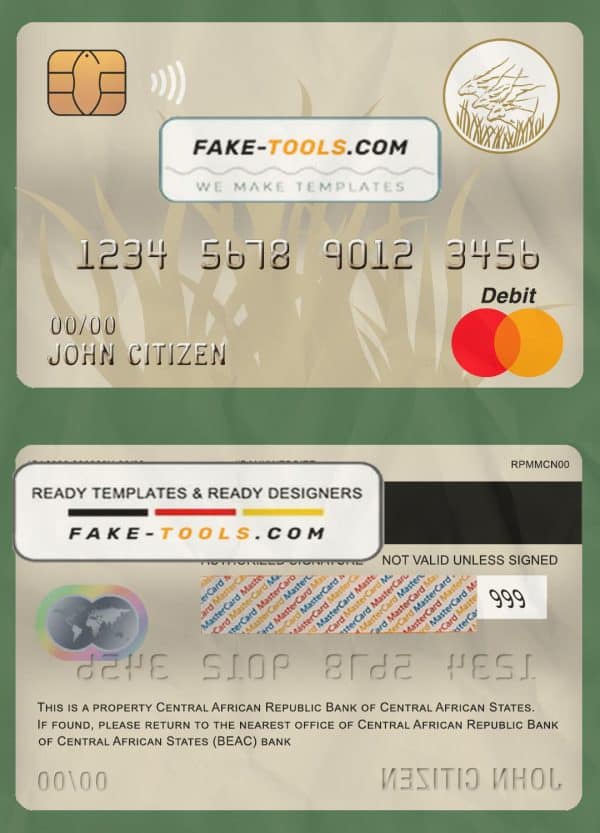 Central African Republic Bank of Central African States (BEAC) bank mastercard debit card template in PSD format, fully editable