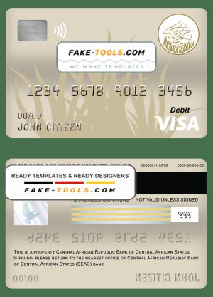 Central African Republic Bank of Central African States (BEAC) bank visa card debit card template in PSD format, fully editable
