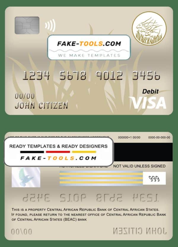 Central African Republic Bank of Central African States (BEAC) bank visa card debit card template in PSD format, fully editable