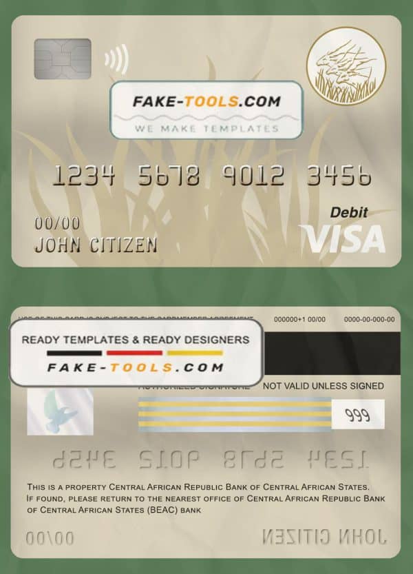 Central African Republic Bank of Central African States (BEAC) bank visa card debit card template in PSD format, fully editable