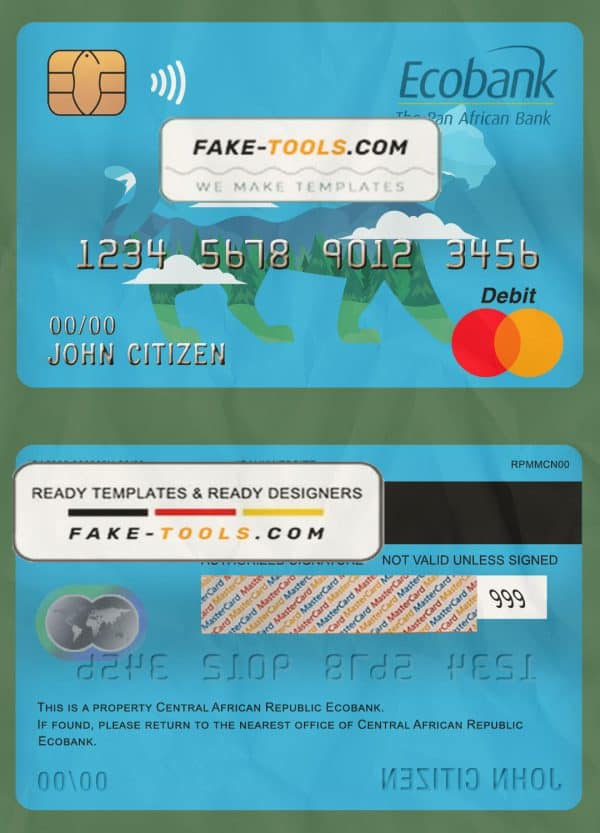 Central African Republic Ecobank mastercard debit card template in PSD format, fully editable