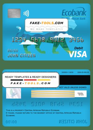 Central African Republic Ecobank visa card debit card template in PSD format, fully editable