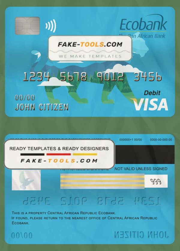 Central African Republic Ecobank visa card debit card template in PSD format, fully editable