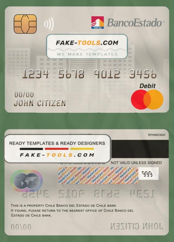 Chile Banco del Estado de Chile bank mastercard debit card template in PSD format, fully editable