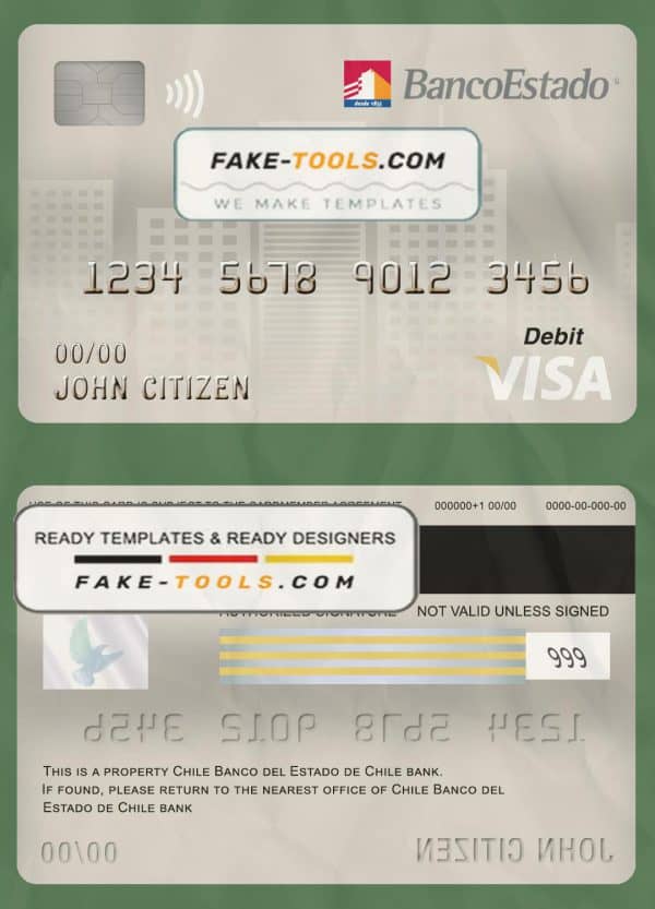 Chile Banco del Estado de Chile bank visa card debit card template in PSD format, fully editable