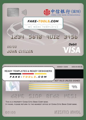 China Citic Bank Corp bank visa card debit card template in PSD format, fully editable