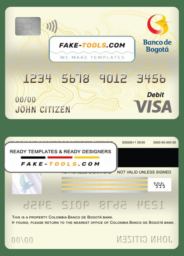 Colombia Banco de Bogotá bank visa card debit card template in PSD format, fully editable