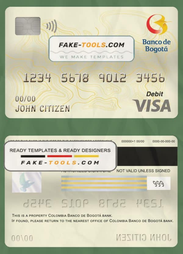 Colombia Banco de Bogotá bank visa card debit card template in PSD format, fully editable