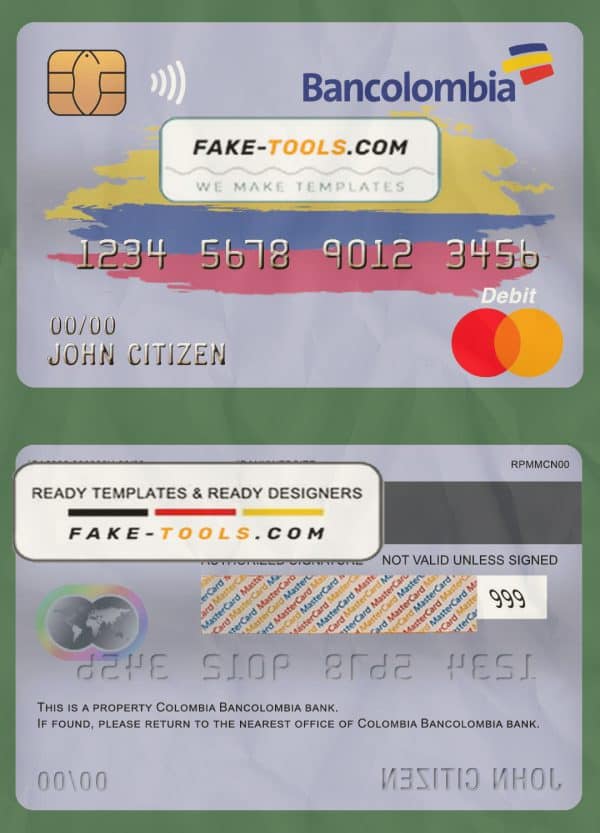 Colombia Bancolombia bank mastercard debit card template in PSD format, fully editable