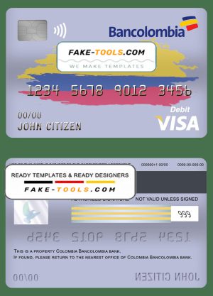 Colombia Bancolombia bank visa card debit card template in PSD format, fully editable