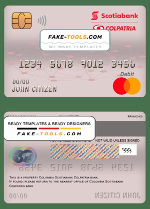 Colombia Scotiabank Colpatria bank mastercard debit card template in PSD format, fully editable