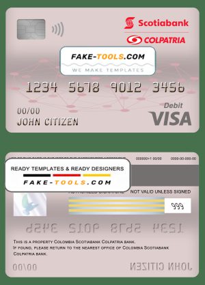 Colombia Scotiabank Colpatria bank visa card debit card template in PSD format, fully editable