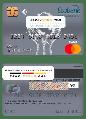 Congo Ecobank bank mastercard debit card template in PSD format, fully editable