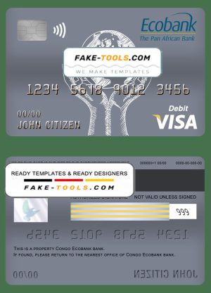 Congo Ecobank bank visa card debit card template in PSD format, fully editable