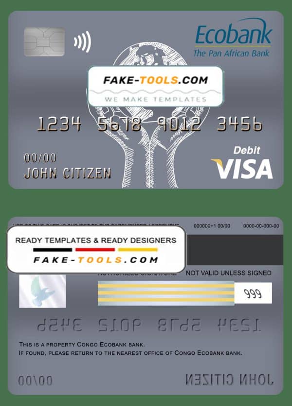 Congo Ecobank bank visa card debit card template in PSD format, fully editable