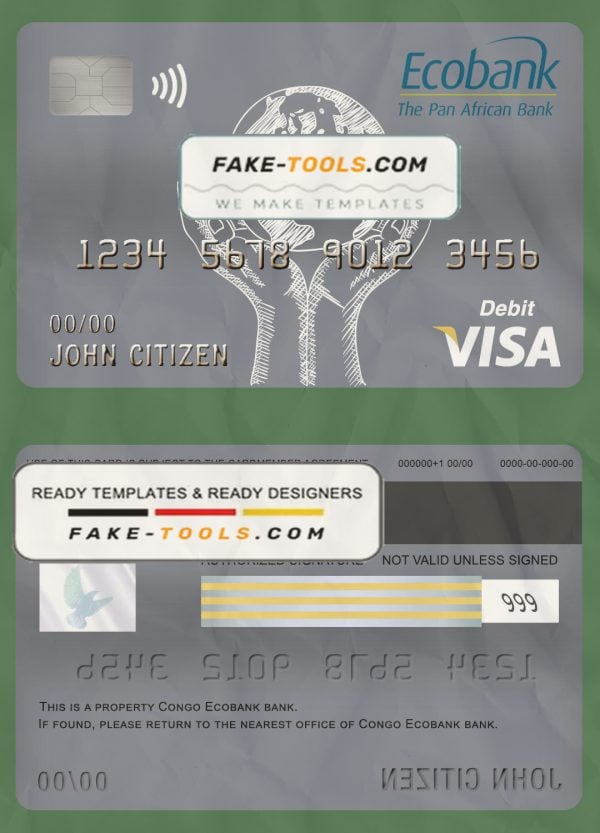 Congo Ecobank bank visa card debit card template in PSD format, fully editable