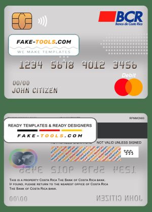 Costa Rica The Bank of Costa Rica bank mastercard debit card template in PSD format, fully editable