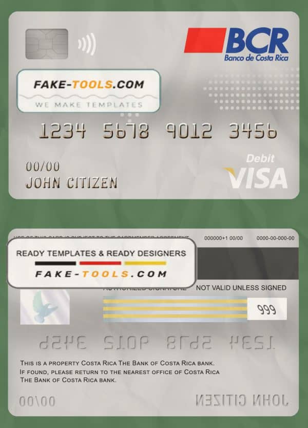 Costa Rica The Bank of Costa Rica bank visa card debit card template in PSD format, fully editable