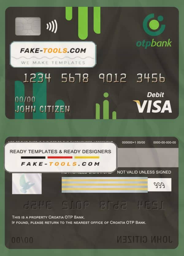 Croatia OTP bank visa card debit card template in PSD format, fully editable